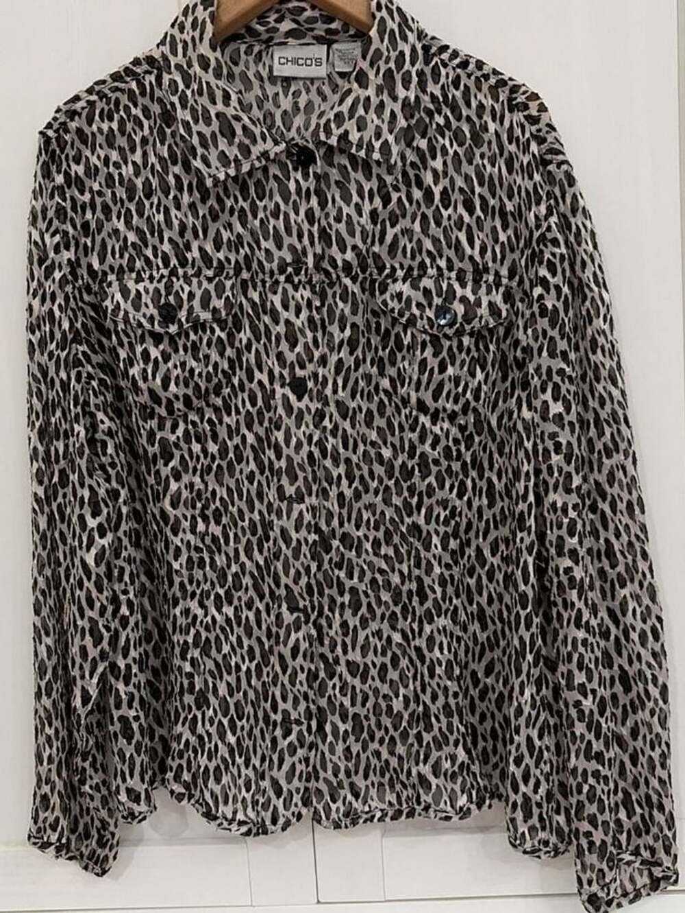 Chico's Sheer Leopard Print Long Sleeve Button Down Blouse Size 2